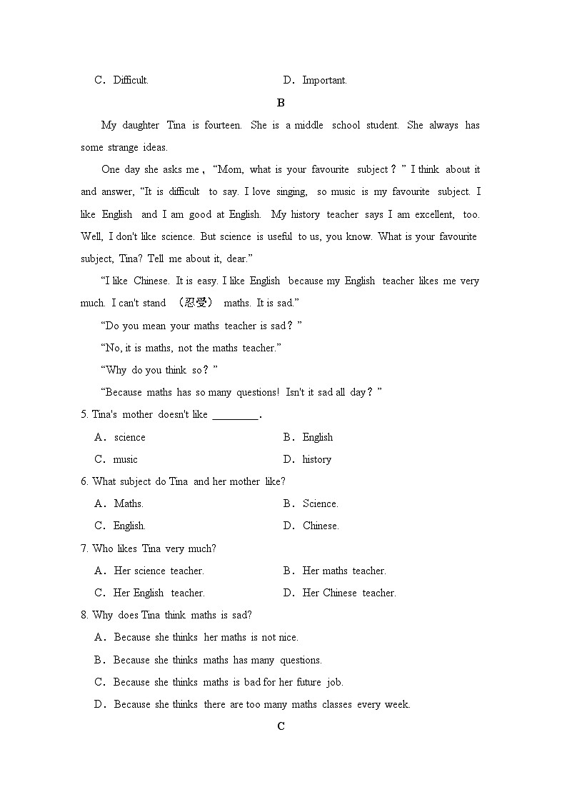 七年级上册英语UNIT 4　My Favourite Subject单元测试卷（人教辽宁版）第2页