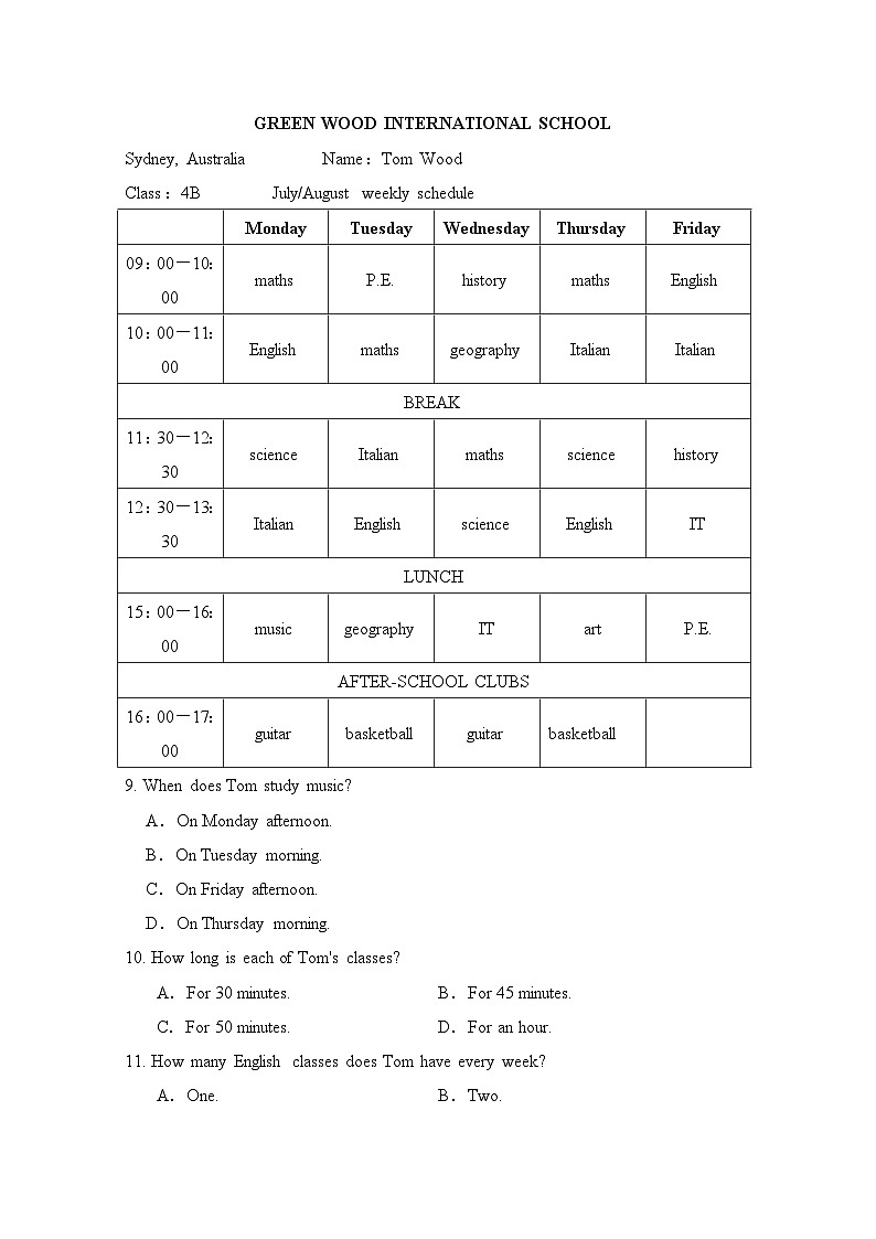 七年级上册英语UNIT 4　My Favourite Subject单元测试卷（人教辽宁版）第3页