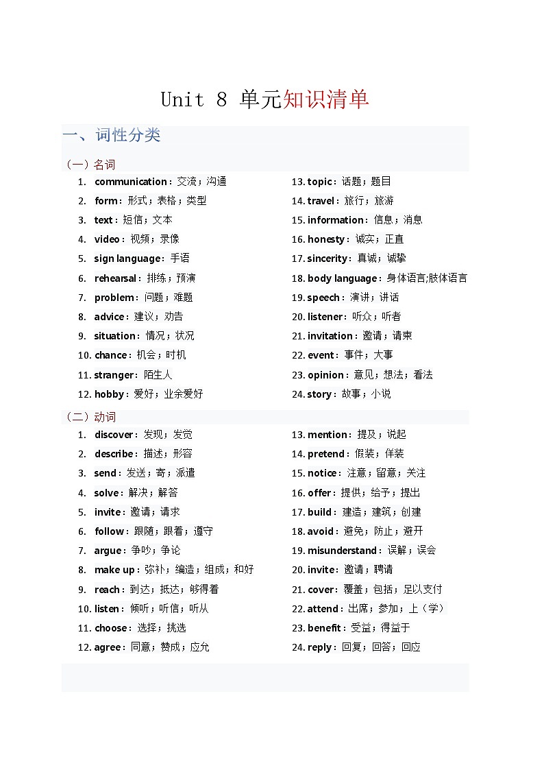 2025秋人教版八年级上册英语单元知识清单Unit 8第1页