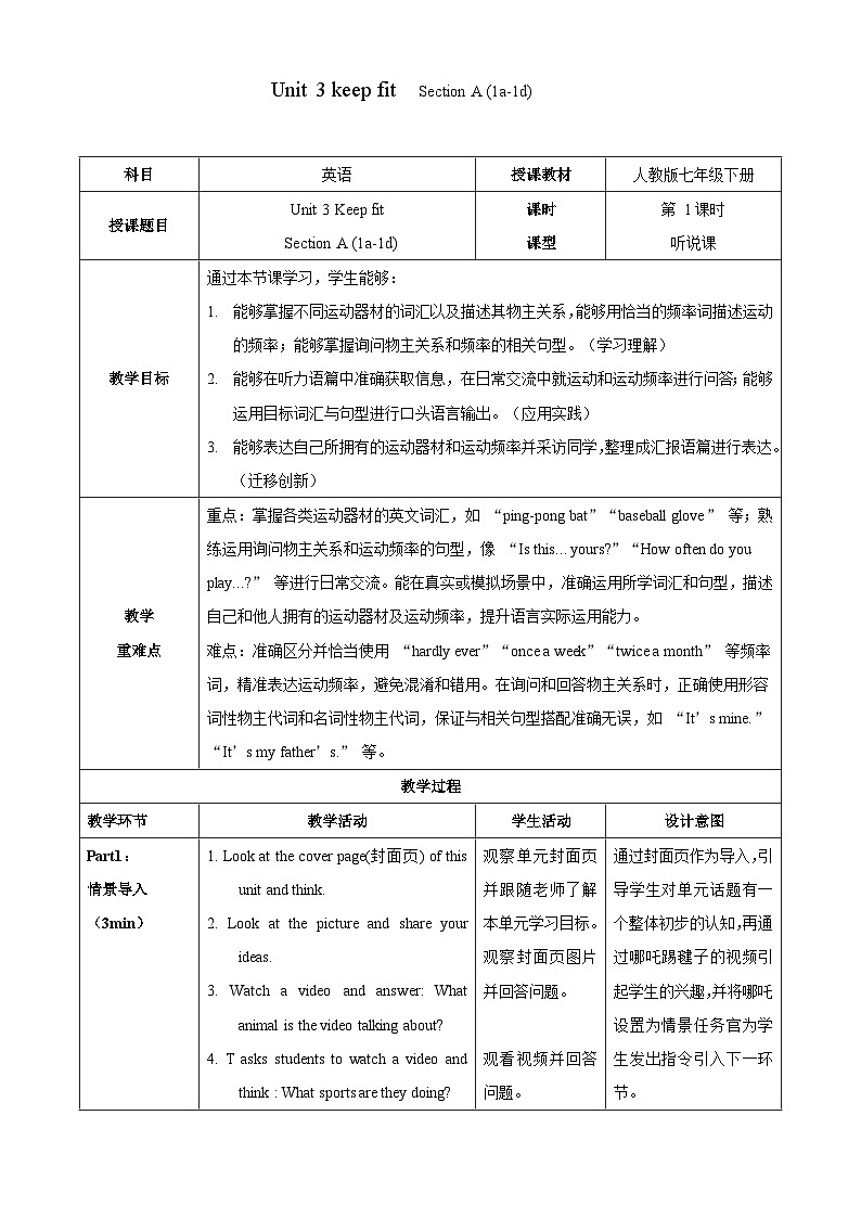 人教版（2024）七年级下册Unit 3 Keep fit Section A (1a-1d) 教学设计第1页