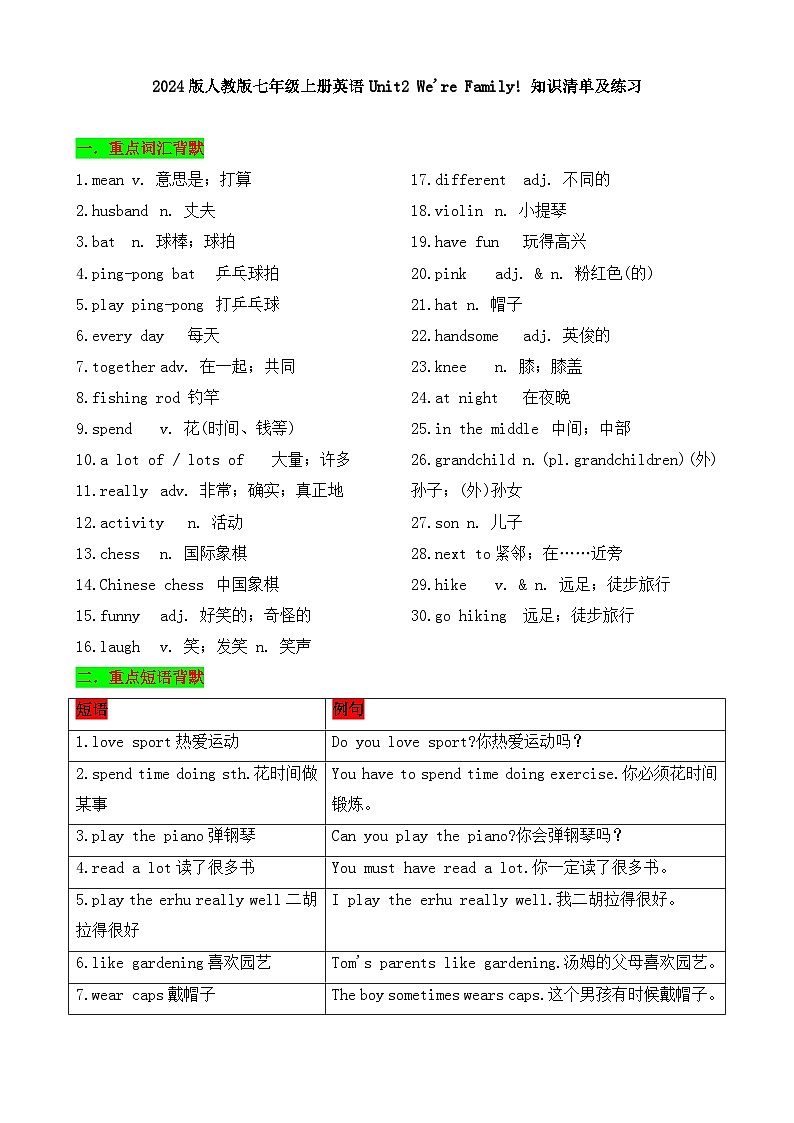 2024版人教版七年级上册英语Unit2 We're Family! 知识清单及练习含答案第1页