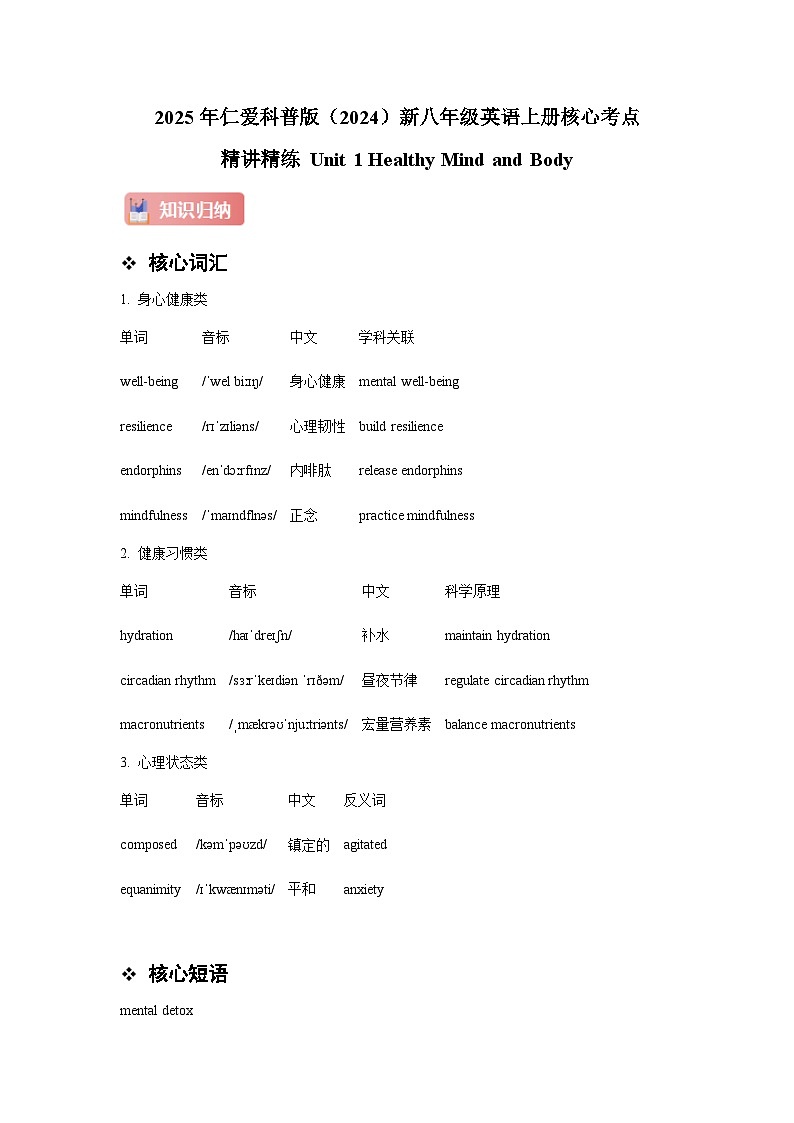 仁爱科普版（2024）新八年级英语上册  Unit 1 Healthy Mind and Body 核心考点（单词 短语 句型 语法）精练  (含答案解析)第1页