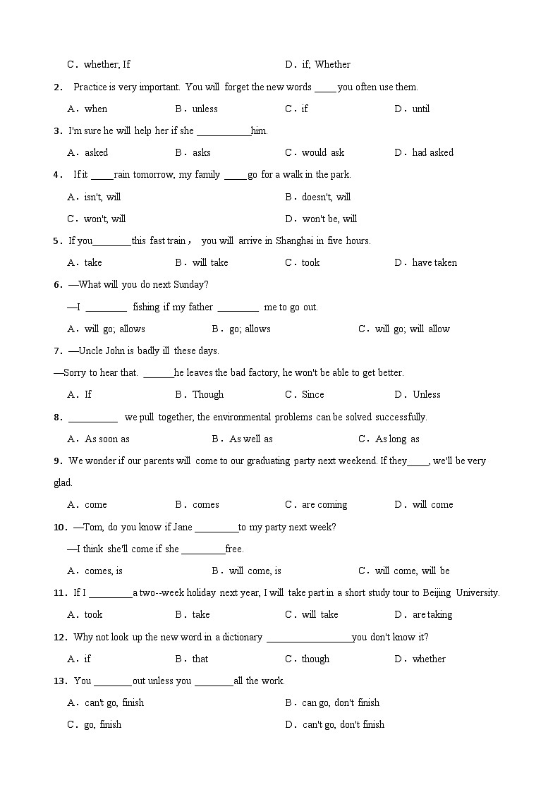 仁爱科普版（2024）新八年级英语上册  Unit 1 Healthy Mind and Body 核心语法之条件状语从句精练  (含答案解析)第3页