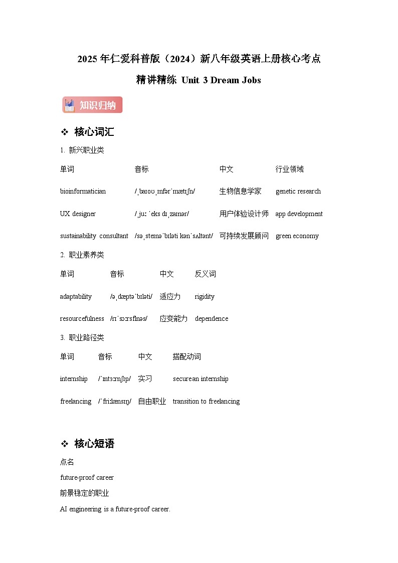 仁爱科普版（2024）新八年级英语上册  Unit 3 Dream Jobs 核心考点（单词 短语 句型 语法）精练  (含答案解析)第1页