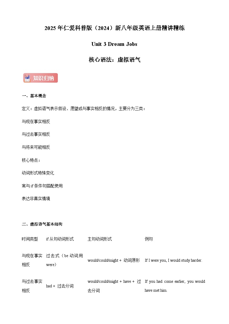 仁爱科普版（2024）新八年级英语上册  Unit 3 Dream Jobs 核心语法之虚拟语气精练  (含答案解析)第1页