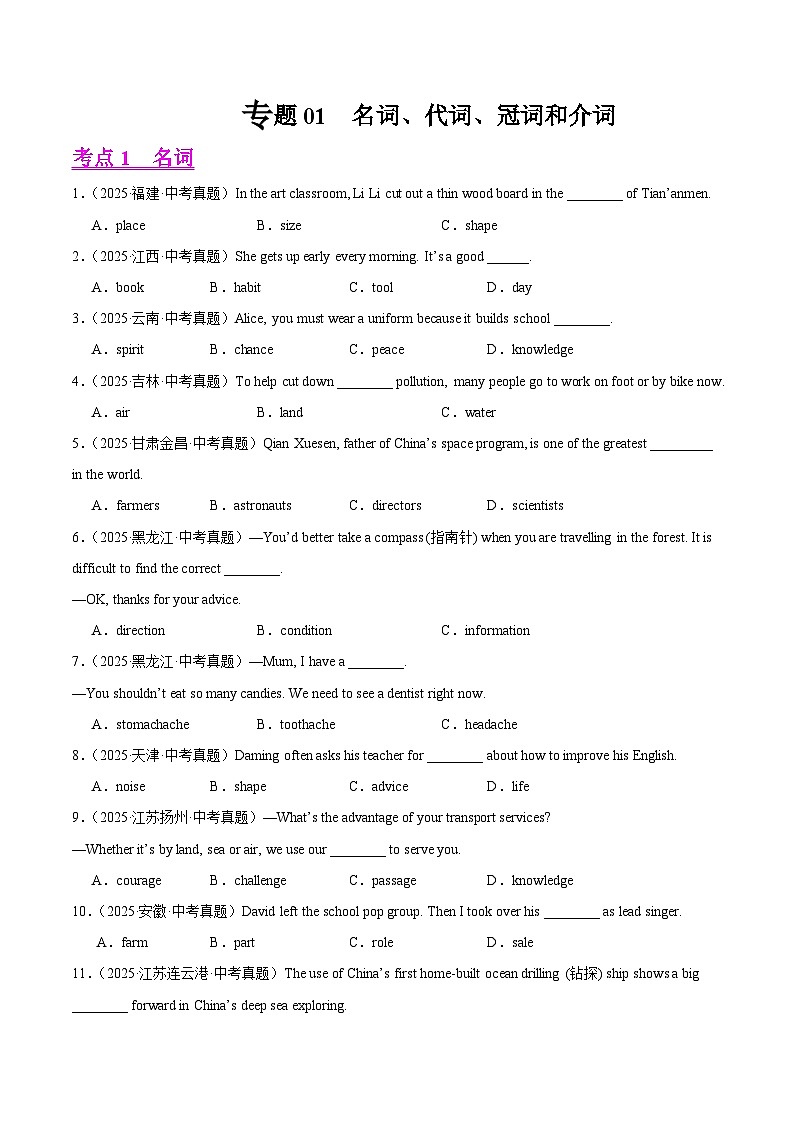 2025年中考英语真题分类汇编：专题01 名词、代词、冠词和介词（全国通用）（第01期）（原卷版）第1页