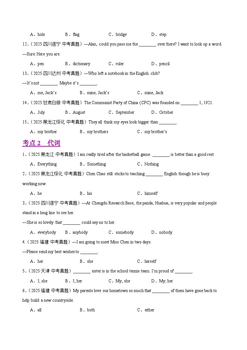 2025年中考英语真题分类汇编：专题01 名词、代词、冠词和介词（全国通用）（第01期）（原卷版）第2页
