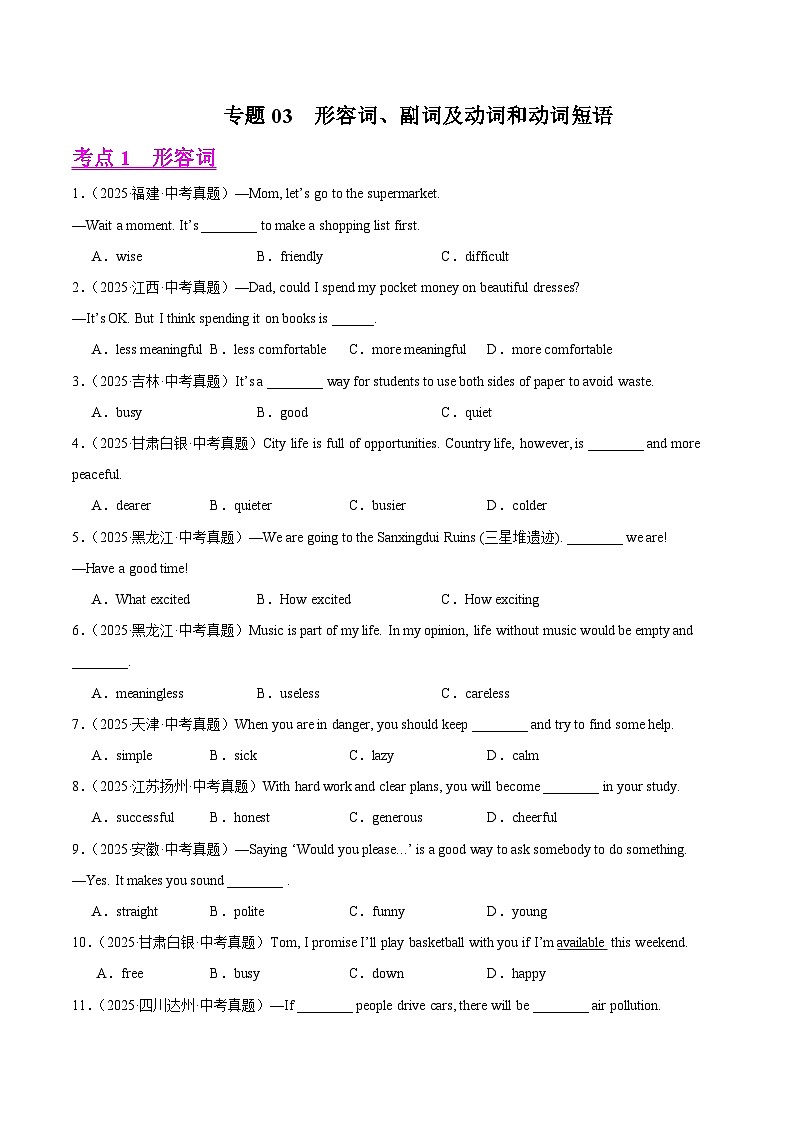 2025年中考英语真题分类汇编：专题03 形容词、副词及动词和动词短语（全国通用）（第01期）（原卷版）第1页