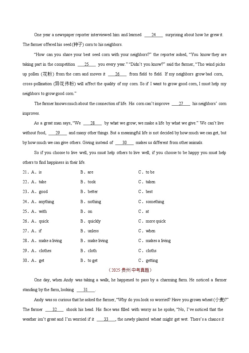 2025年中考英语真题分类汇编：专题06 完形填空 考点2 生活哲理类（全国通用）（第01期）（原卷版）第3页