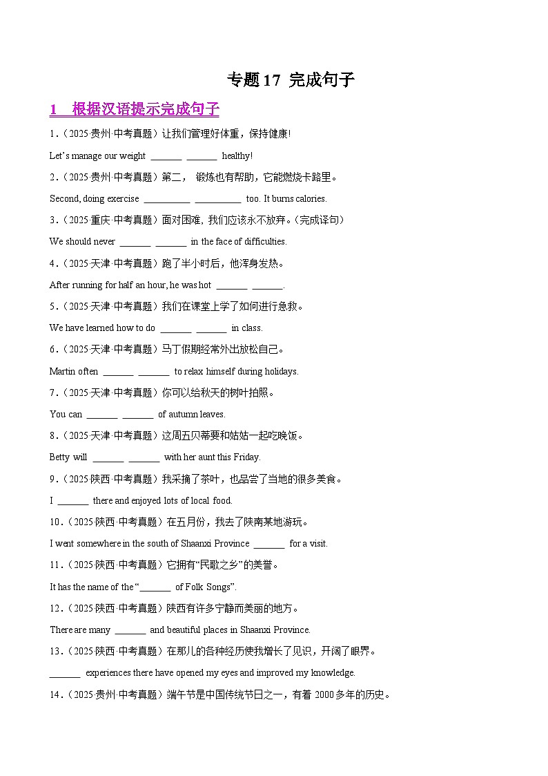 2025年中考英语真题分类汇编：专题17 完成句子（全国通用）（第01期）（原卷版）第1页