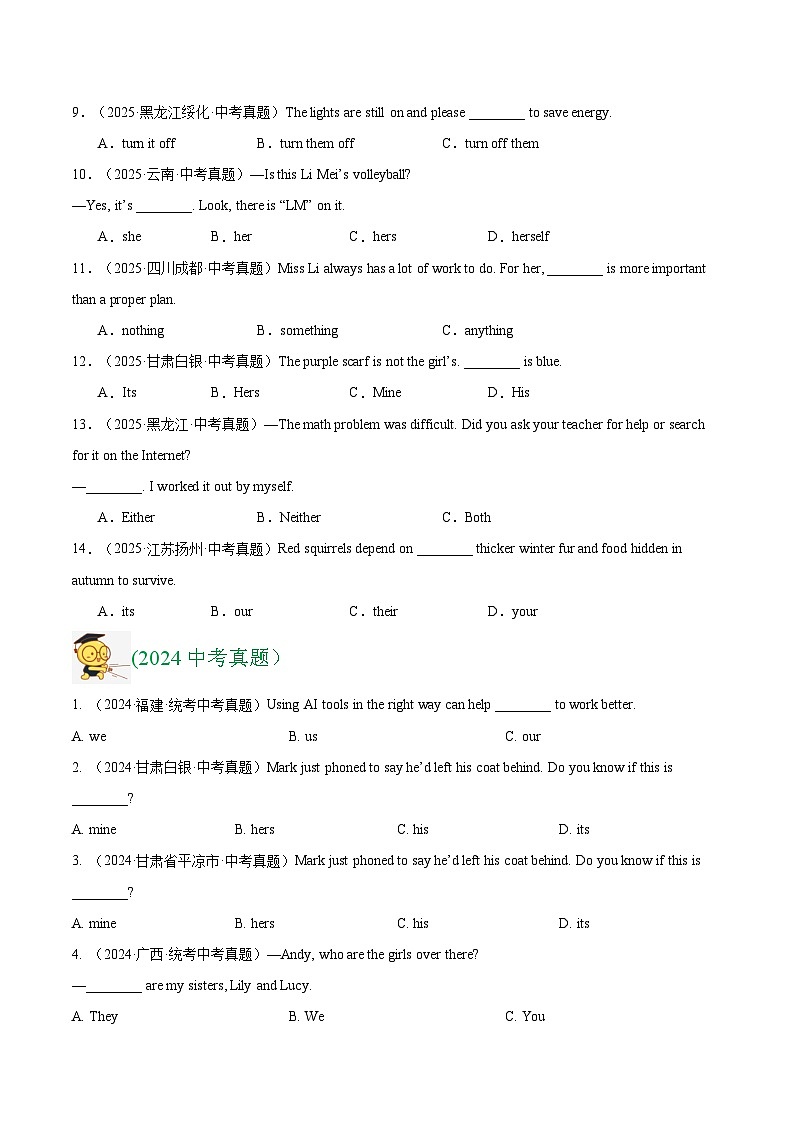 三年（2023-2025）中考英语真题分类汇编：专题02 代词（全国通用）（原卷版）第2页