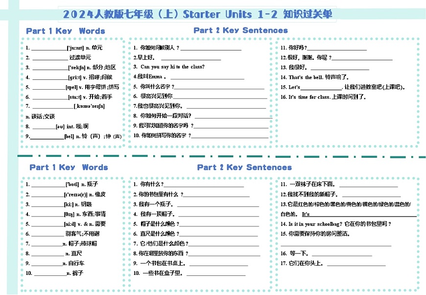 25秋新人教版英语七年级上册 Starter Units 1-3 单元知识过关单 学案第1页