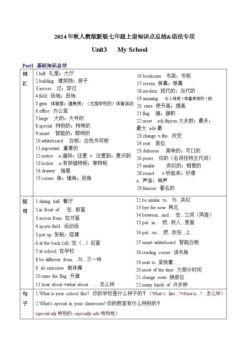 25秋新人教版英语七年级上册 Unit3 My School  知识点总结&语法专项第1页