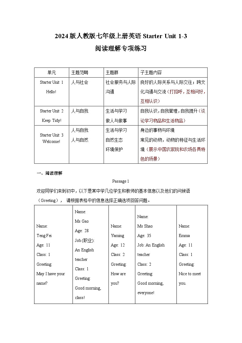 2024版人教版七年级上册英语Starter Unit 1-3月考测试卷 阅读理解专项练习含答案第1页