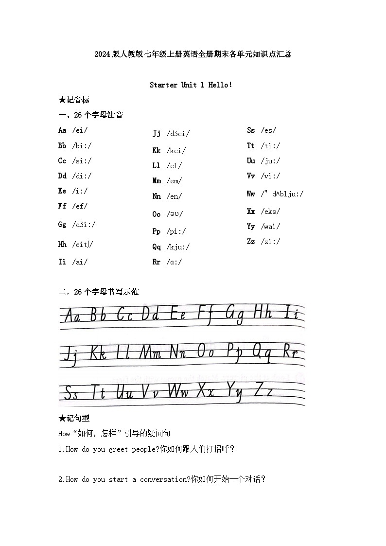 2024版人教版七年级上册英语全册期末各单元知识点汇总第1页