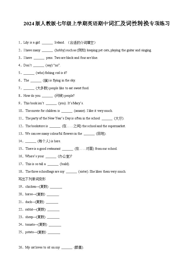 2024版人教版七年级上学期英语期中词汇及词性转换专项练习含答案第1页