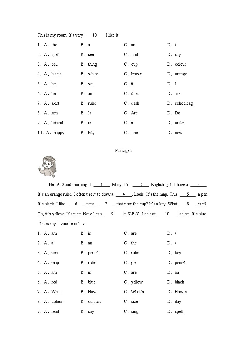 2024版人教版七年级上学期英语期中专项复习完形填空专项练习含答案第2页