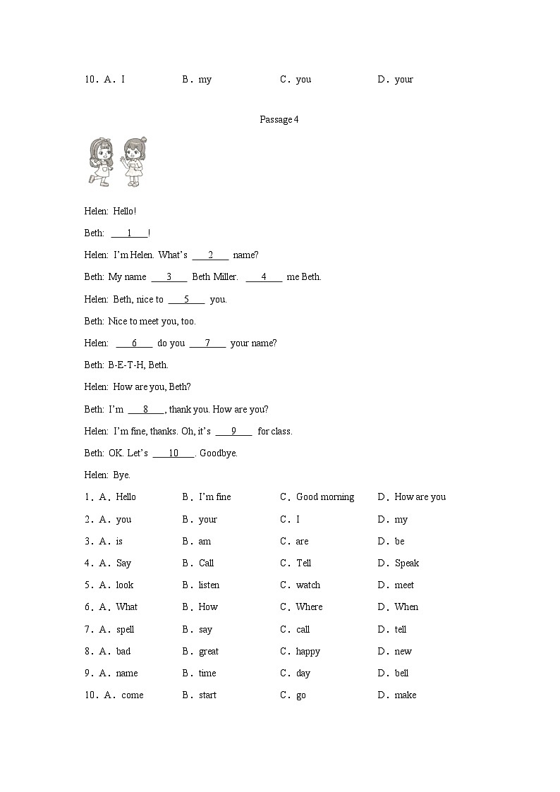 2024版人教版七年级上学期英语期中专项复习完形填空专项练习含答案第3页