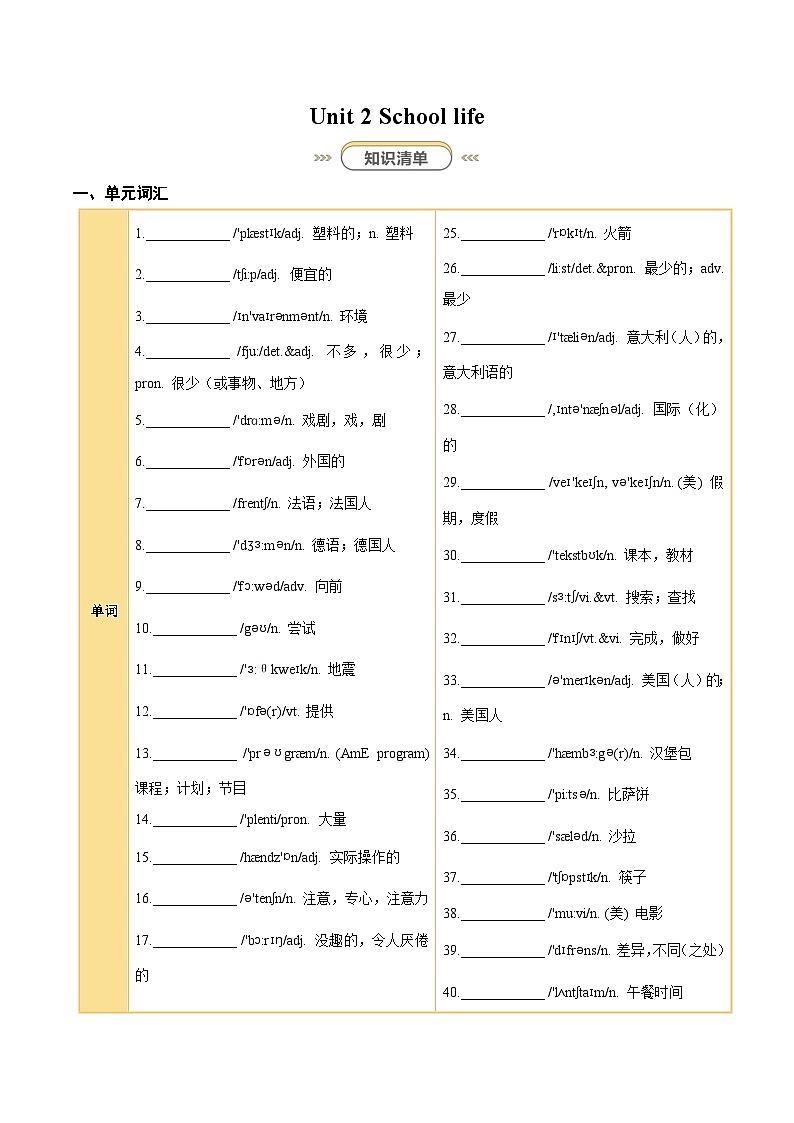 新译林版初中英语八上Unit 2 School life（知识清单）（挖空版 无答案）第1页