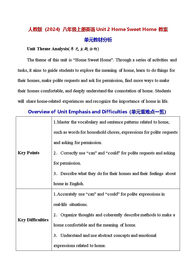 人教版（2024）八年级上册英语Unit 2 Home Sweet Home 教案（共6课时）第1页