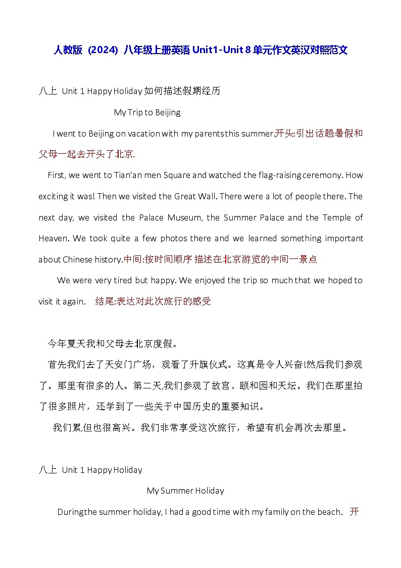 人教版（2024）八年级上册英语Unit1-Unit 8单元作文英汉对照范文 讲义第1页