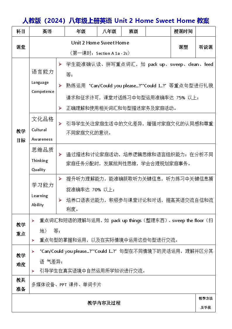 人教版（2024）八年级上册英语Unit 2 Home Sweet Home教案（表格式）第1页