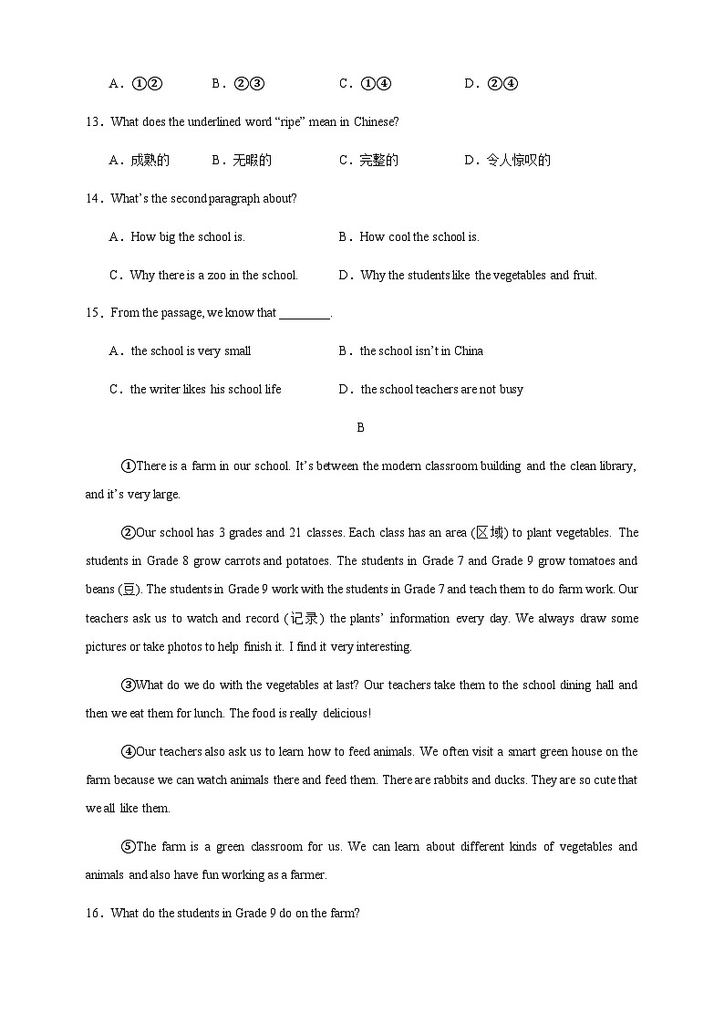 人教版（2024）七年级上册英语Unit 3 My School 单元素养提升试卷（含答案解析）第3页