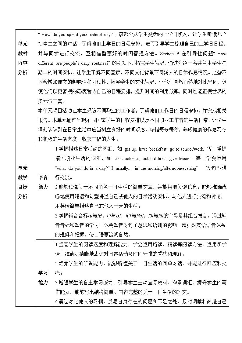 人教版（2024）七年级上册英语Unit 6 A Day in the Life大单元整体教学分析教案（表格式）第3页