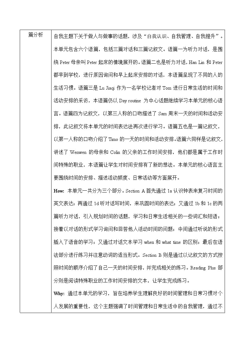 人教版（2024）七年级上册英语Unit 6 A day in the life单元整体教学设计（表格式）第2页