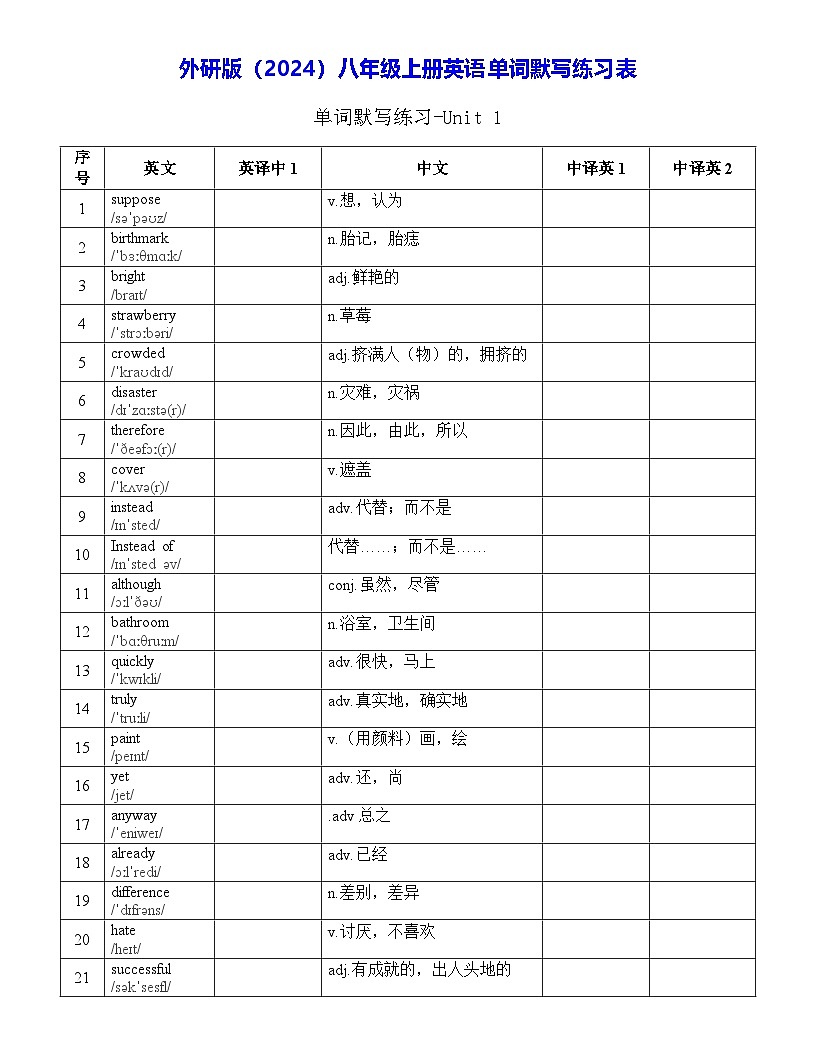 外研版（2024）八年级上册英语单词默写练习表 学案第1页