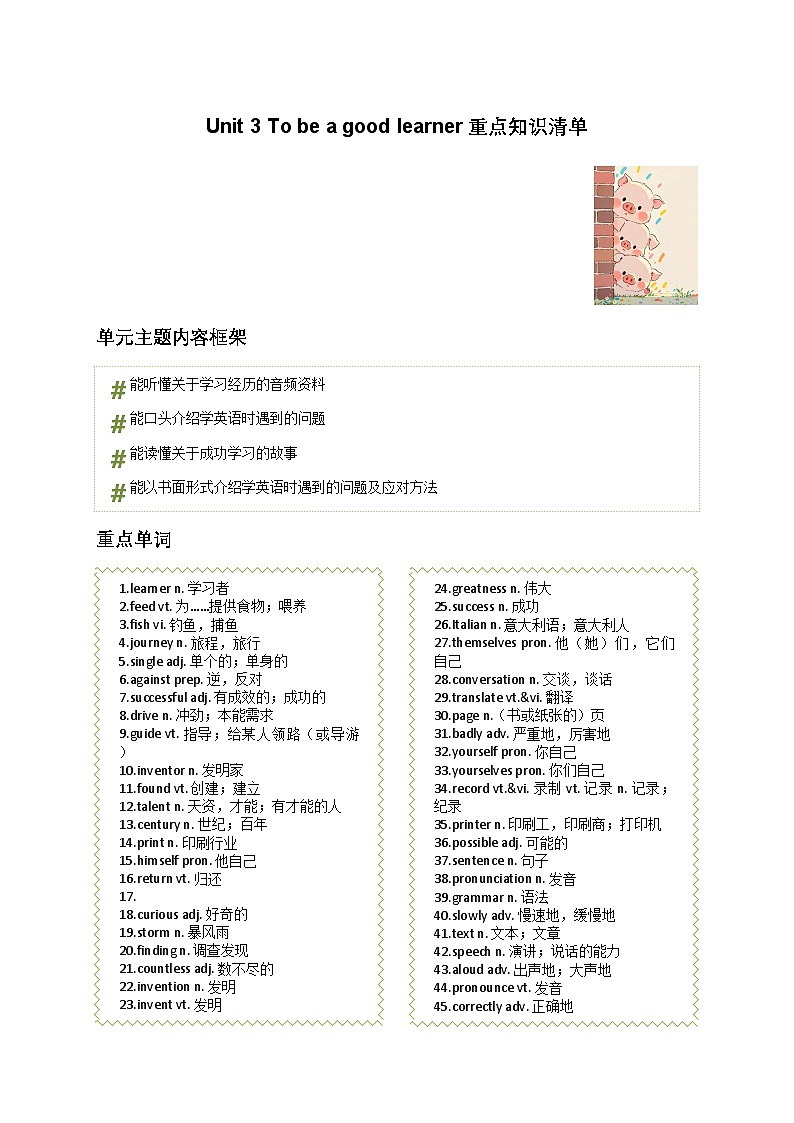 Unit 3 To be a good learner重点知识清单  2025-2026学年译林版（2024）八年级英语上册第1页