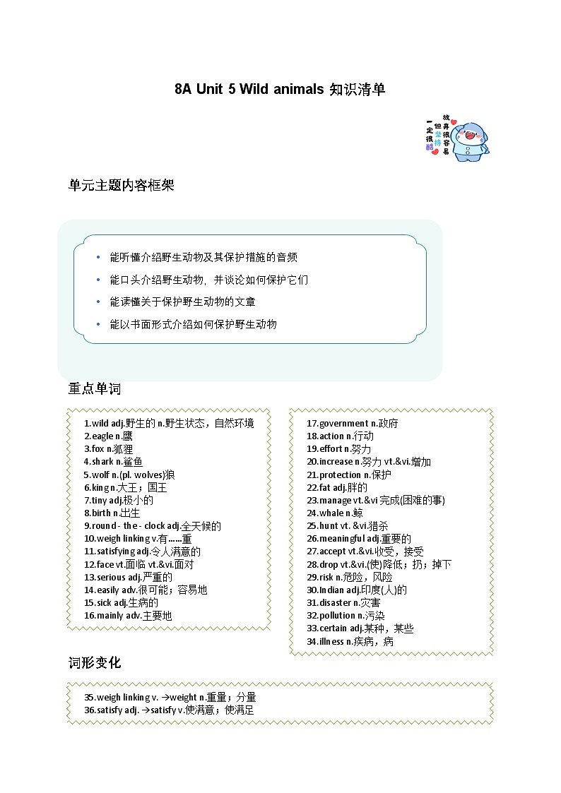 Unit 5 Wild animals 知识清单 2025-2026学年译林版英语八年级上册第1页