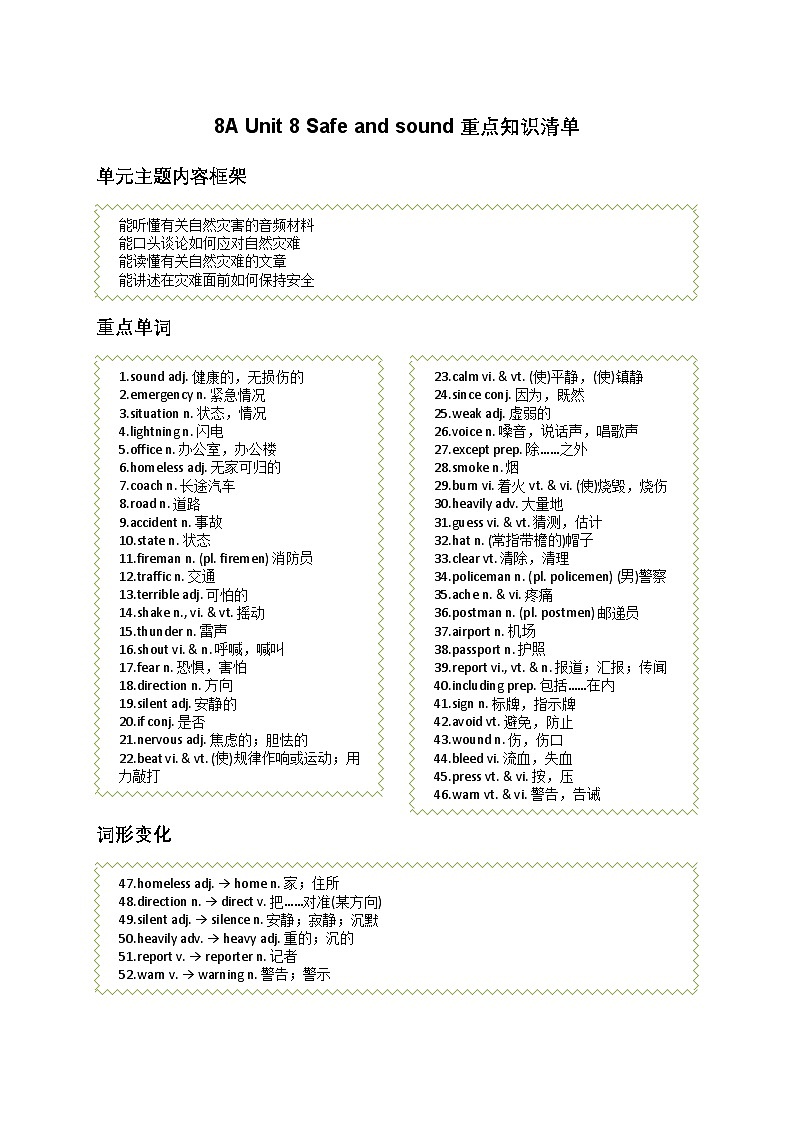 Unit 8 Safe and sound重点知识清单 -2025-2026学年译林版（2024）八年级英语上册第1页