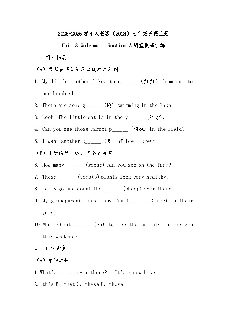 2025-2026学年人教版（2024）七年级英语上册Unit 3 Welcome!  Section A随堂提高训练第1页