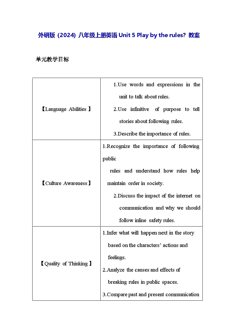 外研版（2024）八年级上册英语Unit 5 Play by the rules？教案（共6课时）第1页