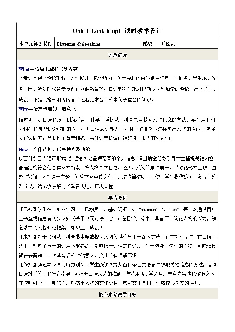 Unit 1 Look it up! 第2课时 Listening & Speaking 教学设计第1页