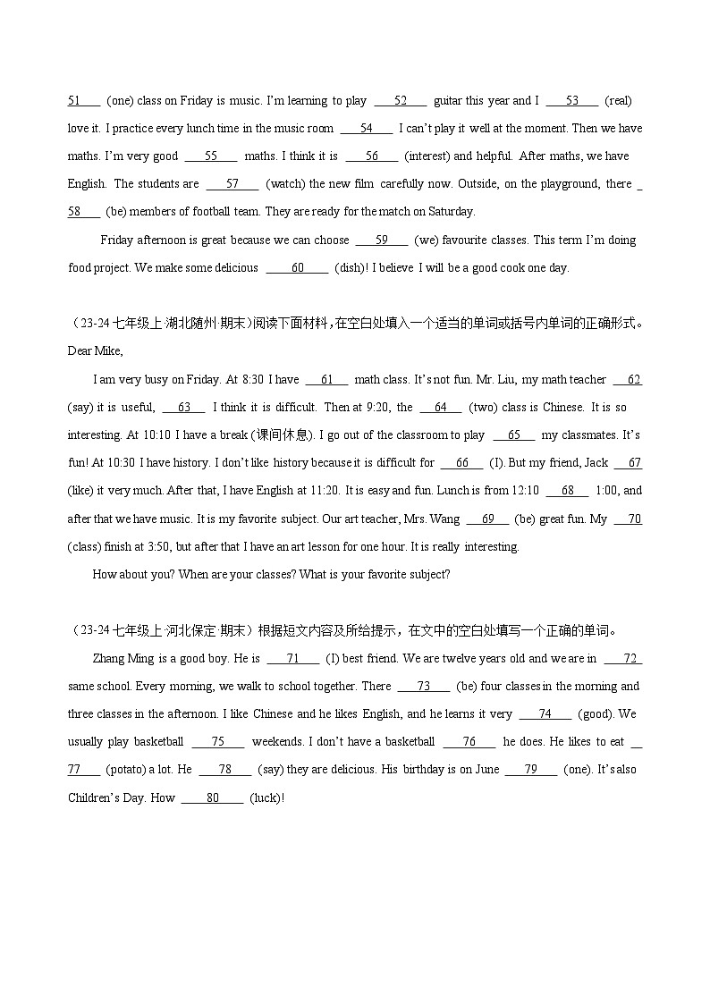 Unit 4 My Favourite Subject 单元话题语法填空练习-单元重难点易错题练习（人教版七年级上册）第3页