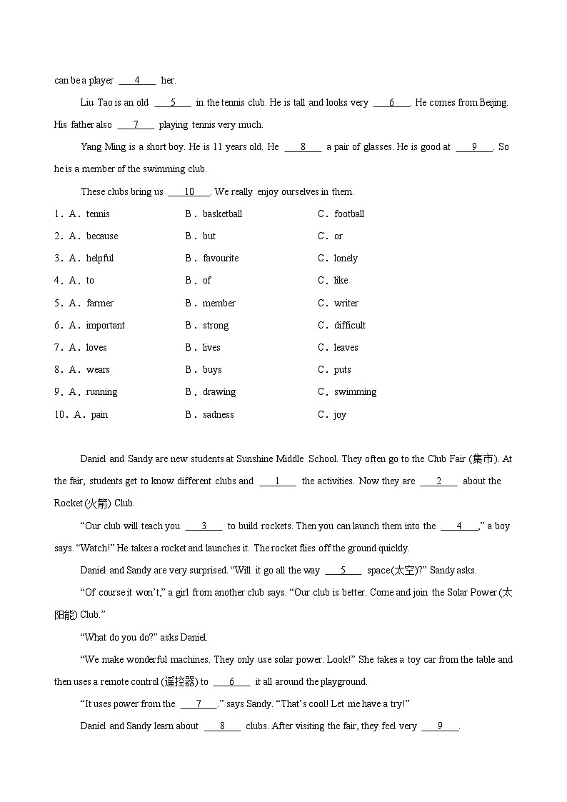 Unit 5 Fun Clubs 单元话题完形填空练习（原卷版）第2页