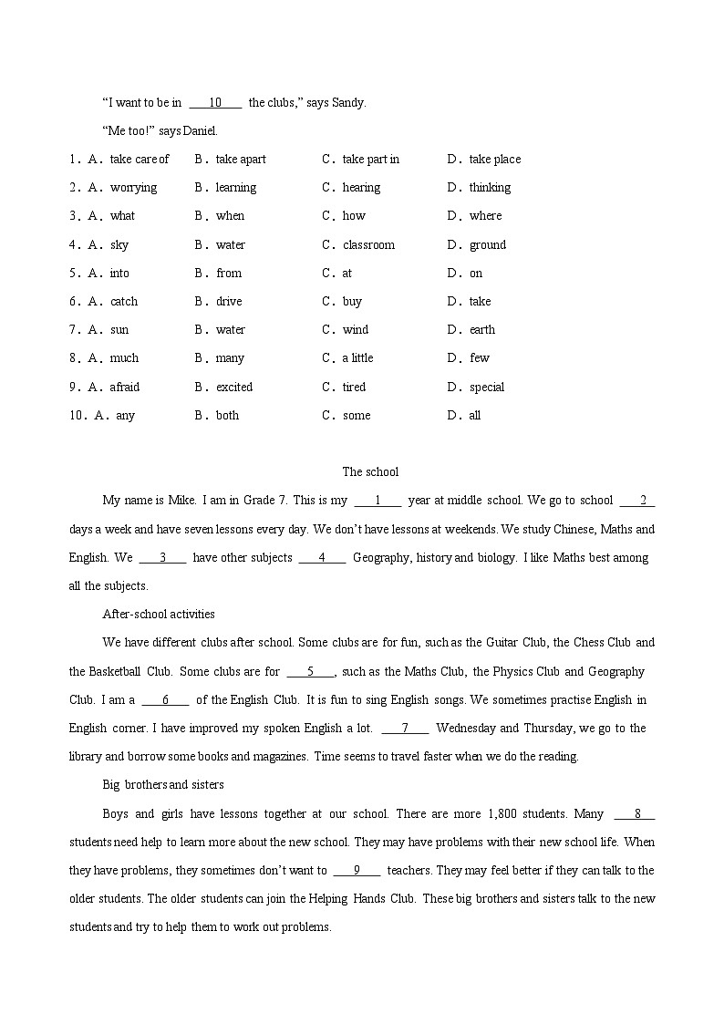 Unit 5 Fun Clubs 单元话题完形填空练习（原卷版）第3页