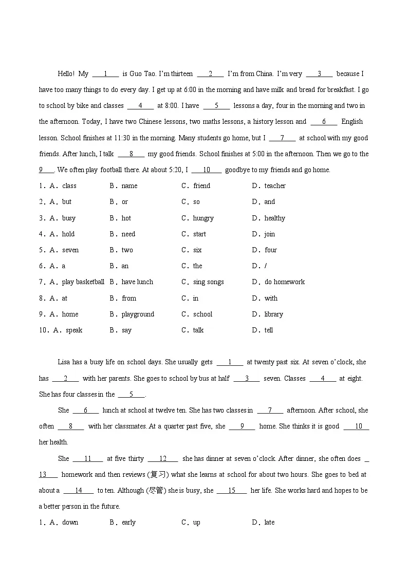 Unit 6 A day in the life 单元话题完形填空练习（原卷版）第3页
