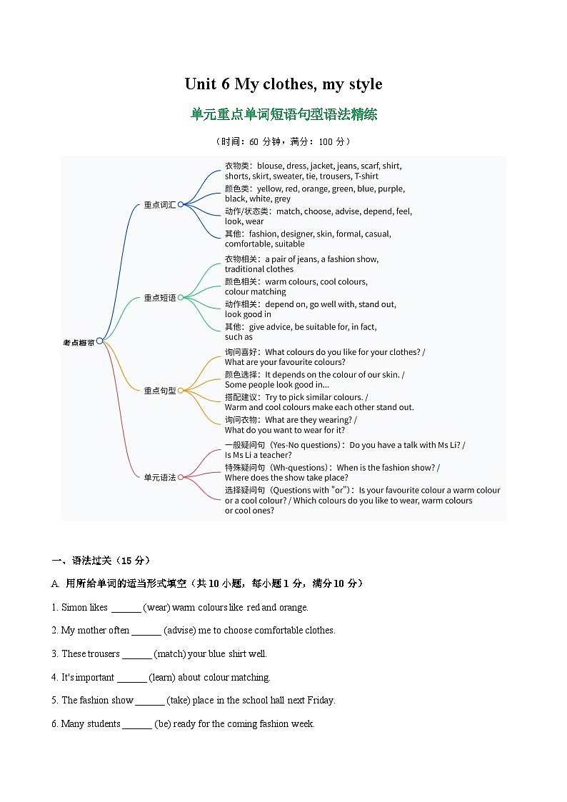 Unit 6 My clothes, my style 单词短语句型语法（教材考点精练）（原卷版）第1页