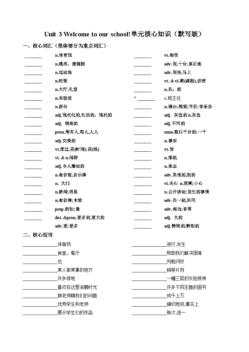 Unit 3 Welcome to our school!（单元核心知识）（默写版）第1页