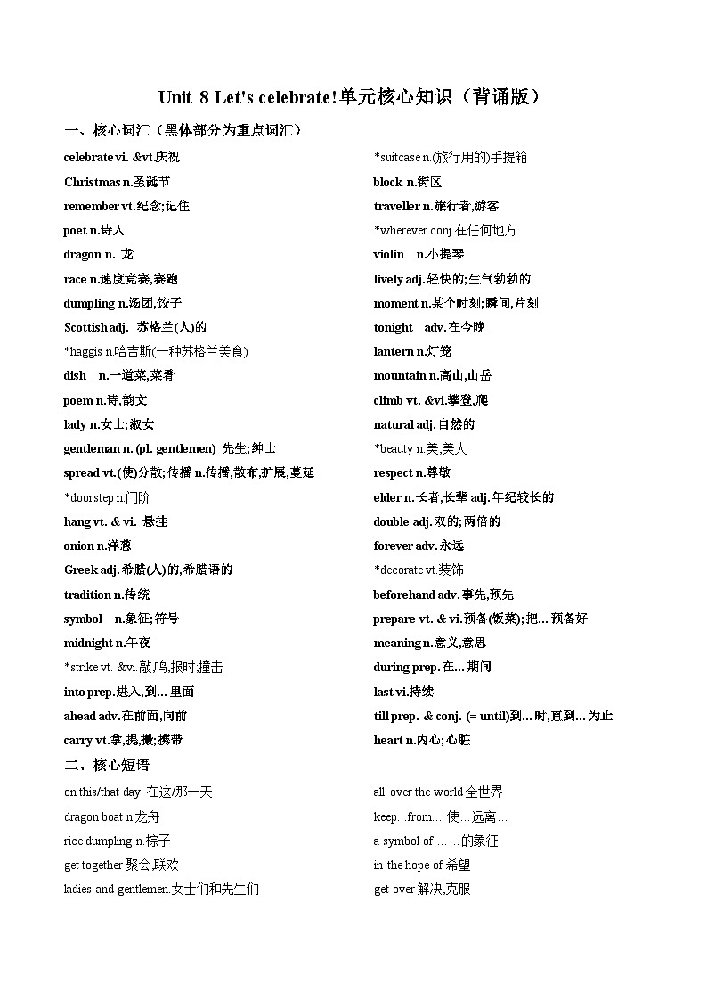 Unit 8 Let's celebrate!（单元核心知识）（背诵版）第1页