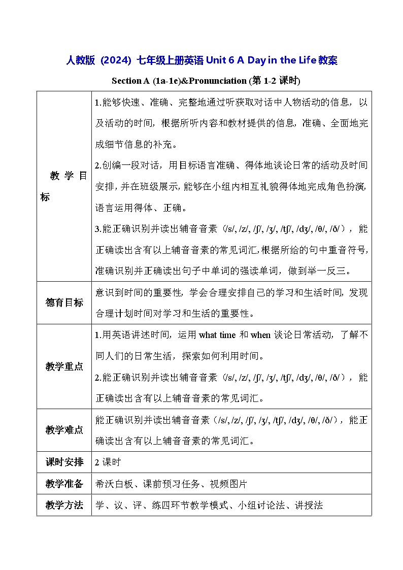 人教版（2024）七年级上册英语Unit 6 A Day in the Life教案（表格式）第1页