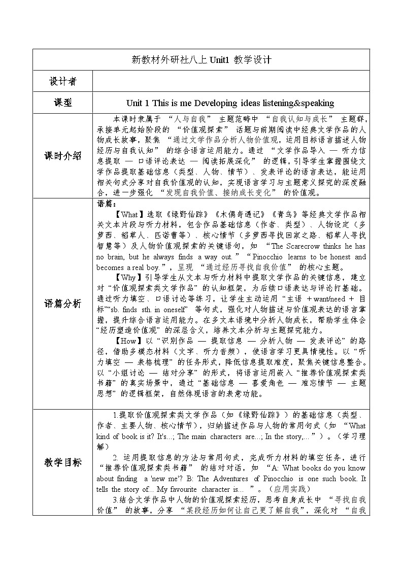 Unit 1This is me Developing ideas listening&speaking 表格式教学设计-外研版八年级上册第1页