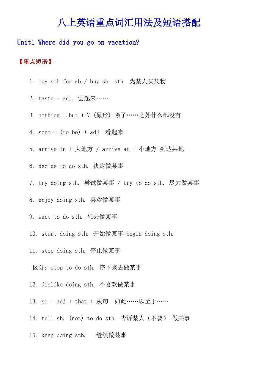 八上英语重点词汇用法及短语搭配学案第1页