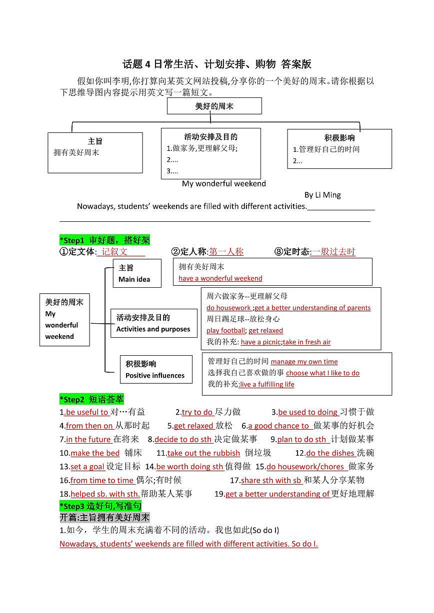 2025中考英语话题写作专题  话题4 日常生活、计划安排、购物答案版练习第1页