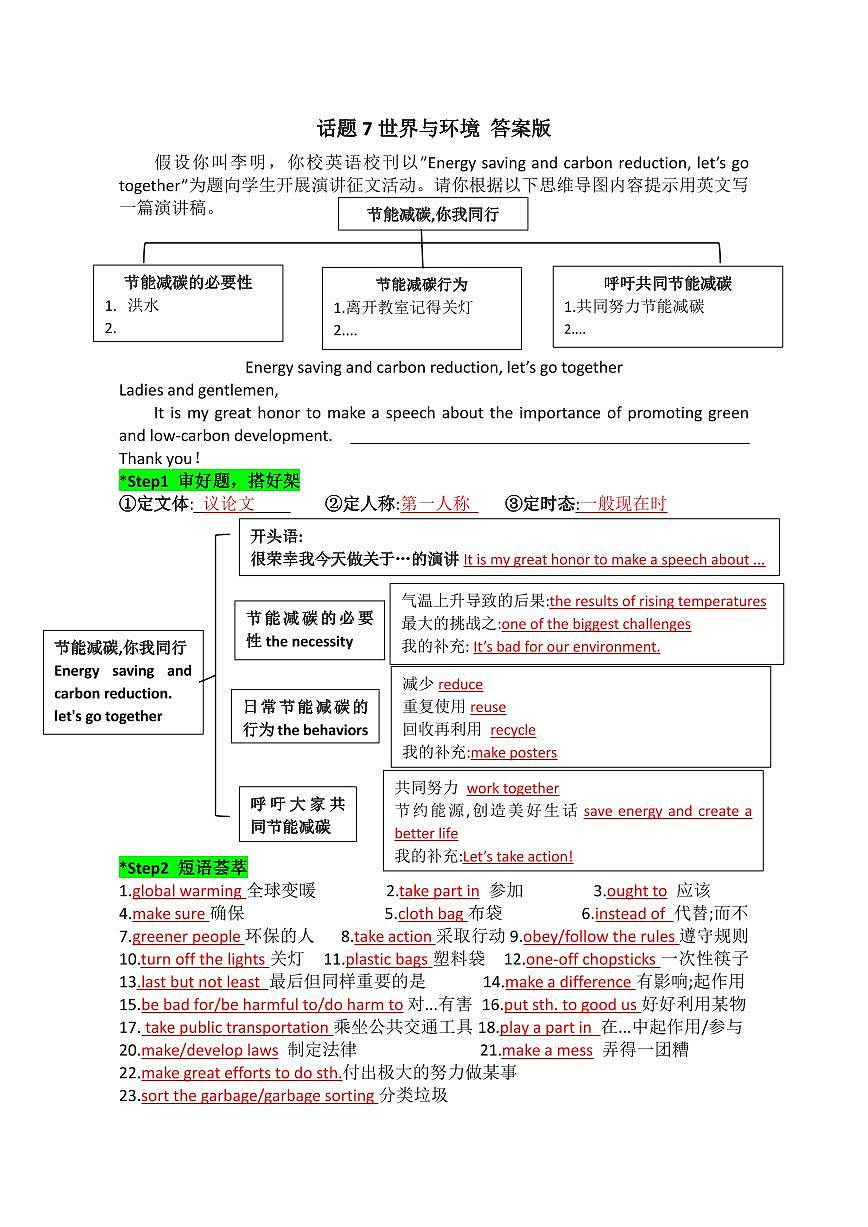 2025中考英语话题写作专题  话题7 世界与环境答案版练习第1页