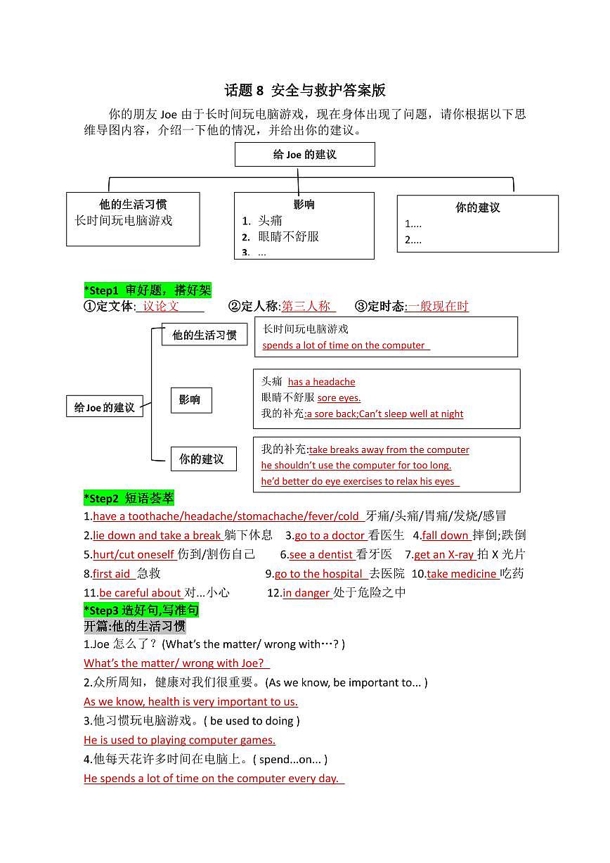 2025中考英语话题写作专题  话题8 安全与救护答案版练习第1页