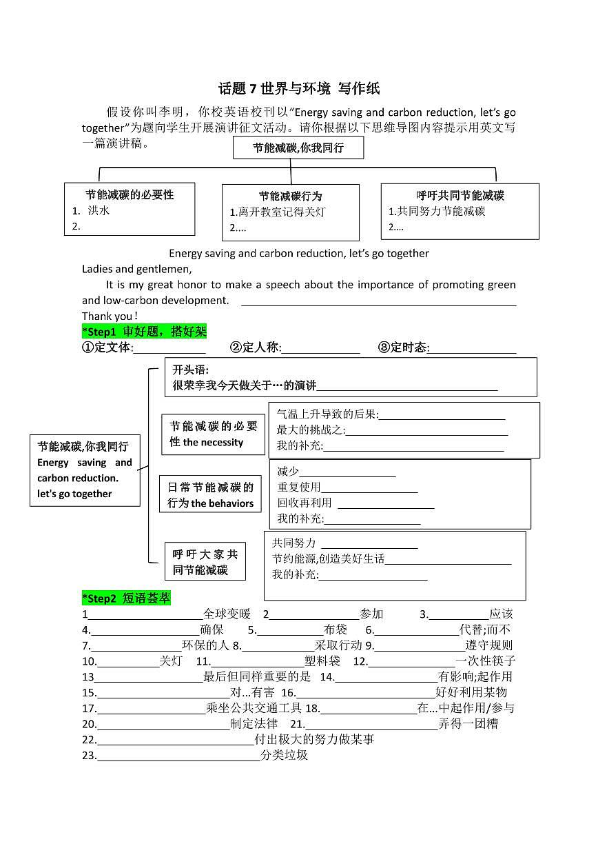 2025中考英语话题写作专题  话题7 世界与环境写作纸练习第1页